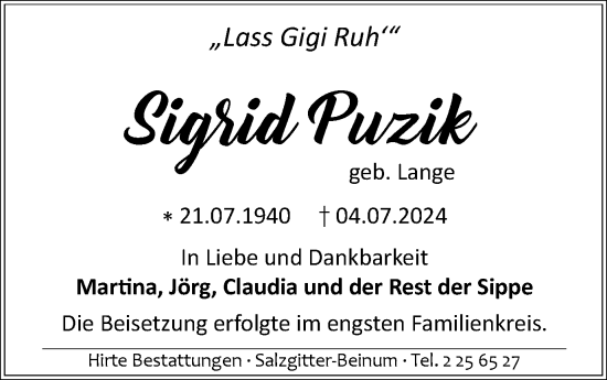 Traueranzeige von Sigrid Puzik von Salzgitter-Zeitung