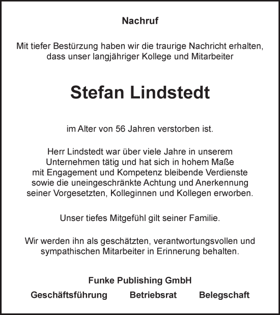 Traueranzeige von Stefan Lindstedt von Braunschweiger Zeitung