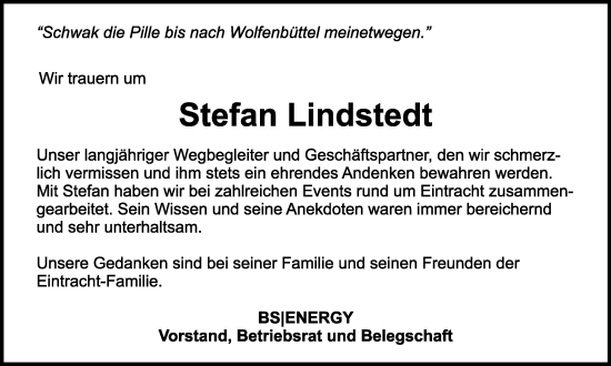 Traueranzeige von Stefan Lindstedt von Braunschweiger Zeitung