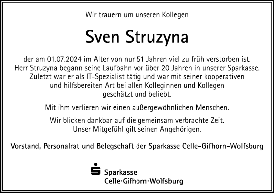 Traueranzeige von Sven Struzyna von Wolfsburger Nachrichten