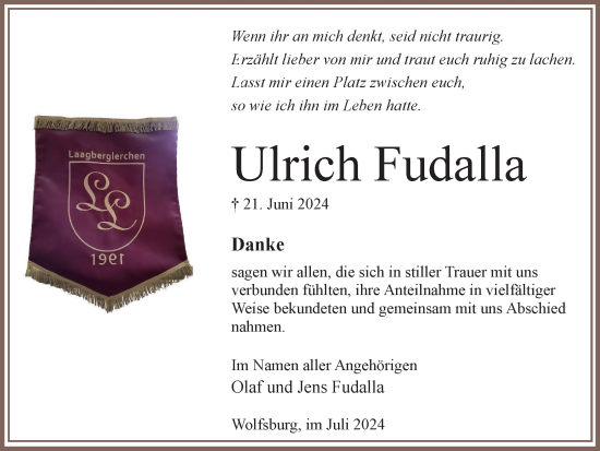 Traueranzeige von Ulrich Fudalla von Wolfsburger Nachrichten