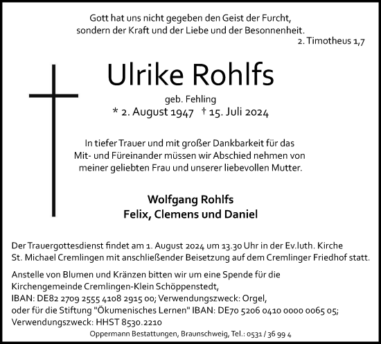 Traueranzeige von Ulrike Rohlfs von Braunschweiger Zeitung