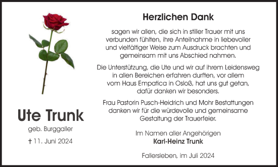 Traueranzeige von Ute Trunk von Wolfsburger Nachrichten