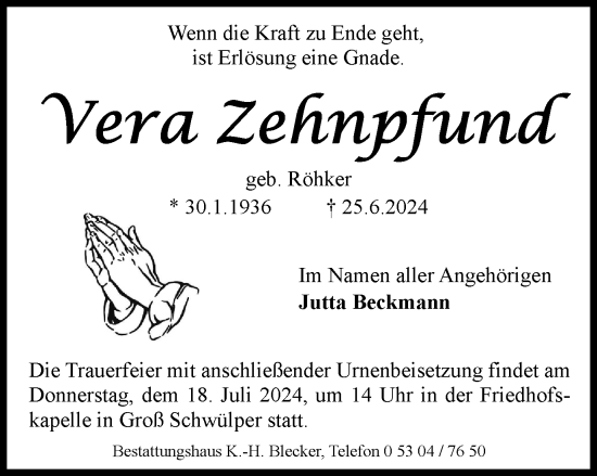 Traueranzeige von Vera Zehnpfund von Braunschweiger Zeitung