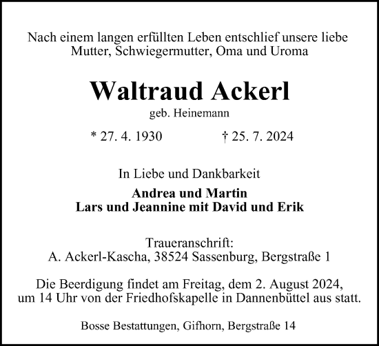 Traueranzeige von Waltraud Ackerl von Wolfsburger Nachrichten