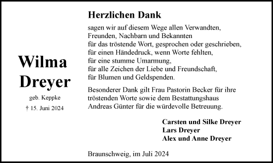 Traueranzeige von Wilma Dreyer von Braunschweiger Zeitung