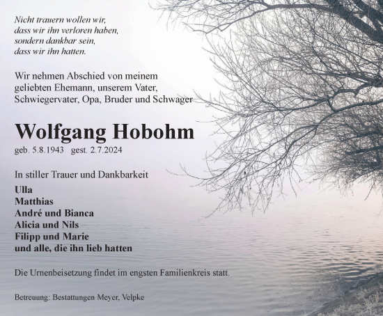 Traueranzeige von Wolfgang Hobohm von Helmstedter Nachrichten