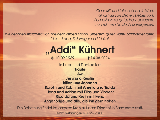 Traueranzeige von Addi Kühnert von Wolfsburger Nachrichten