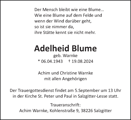Traueranzeige von Adelheid Blume von Salzgitter-Zeitung