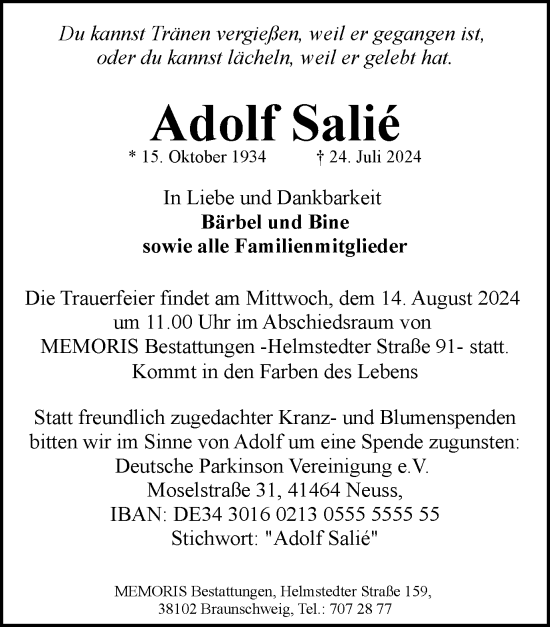 Traueranzeige von Adolf Salié von Braunschweiger Zeitung