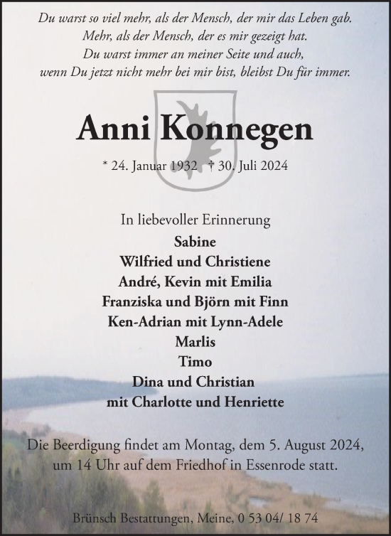 Traueranzeige von Anni Konnegen von Helmstedter Nachrichten