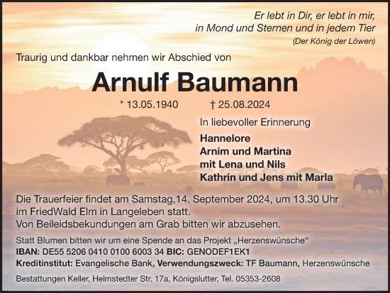 Traueranzeige von Arnulf Baumann von Helmstedter Nachrichten