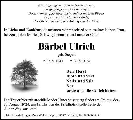 Traueranzeige von Bärbel Ulrich von Wolfsburger Nachrichten, Helmstedter Nachrichten