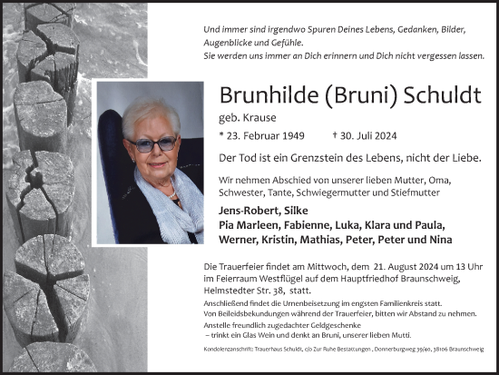 Traueranzeige von Brunhilde Schuldt von Braunschweiger Zeitung