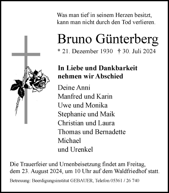 Traueranzeige von Bruno Günterberg von Wolfsburger Nachrichten