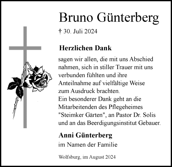 Traueranzeige von Bruno Günterberg von Wolfsburger Nachrichten
