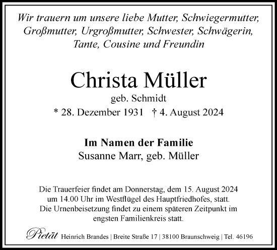 Traueranzeige von Christa Müller von Braunschweiger Zeitung