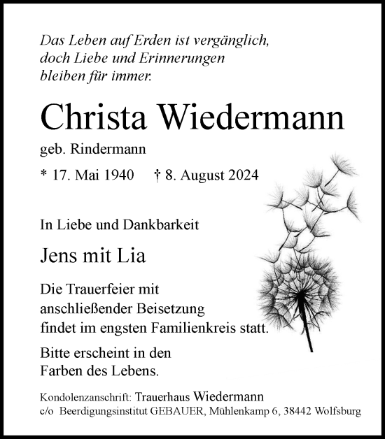 Traueranzeige von Christa Wiedermann von Wolfsburger Nachrichten