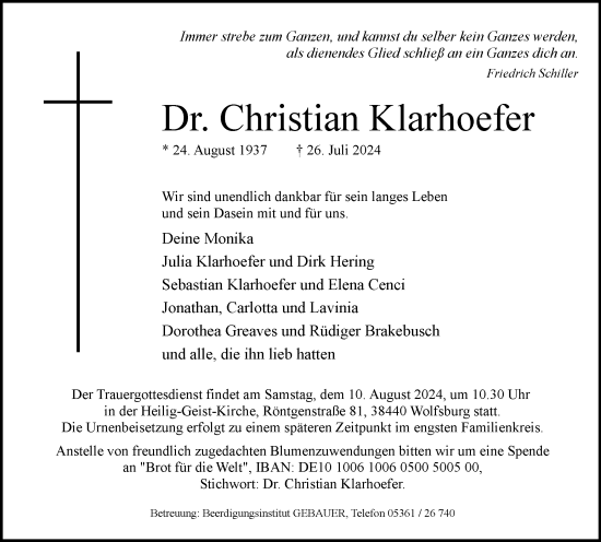Traueranzeige von Christian Klarhoefer von Wolfsburger Nachrichten