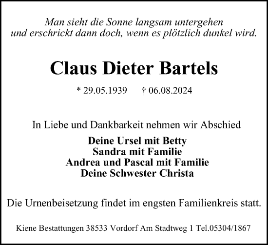 Traueranzeige von Claus Dieter Bartels von Braunschweiger Zeitung