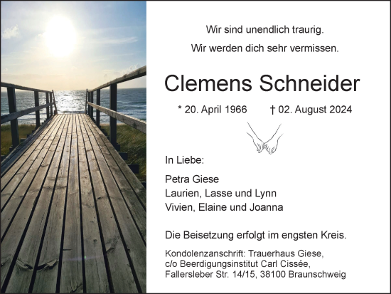 Traueranzeige von Clemens Schneider von Braunschweiger Zeitung