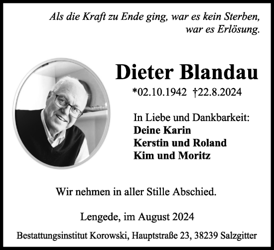 Traueranzeige von Dieter Blandau von Braunschweiger Zeitung