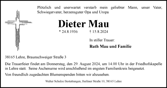 Traueranzeige von Dieter Mau von Helmstedter Nachrichten
