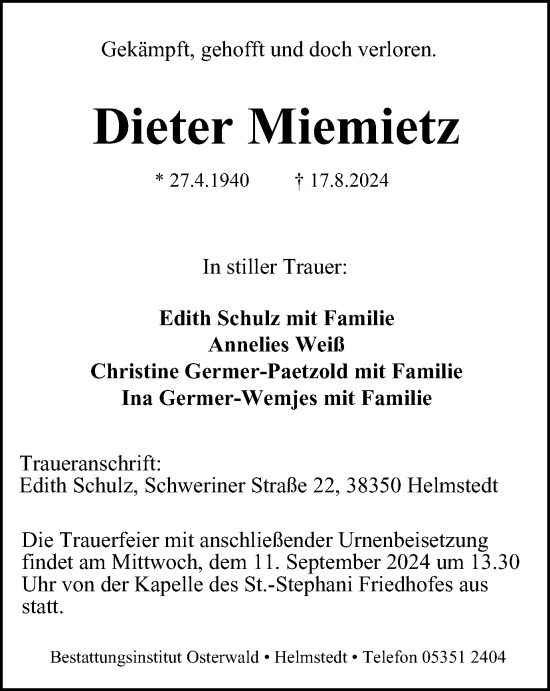 Traueranzeige von Dieter Miemietz von Helmstedter Nachrichten