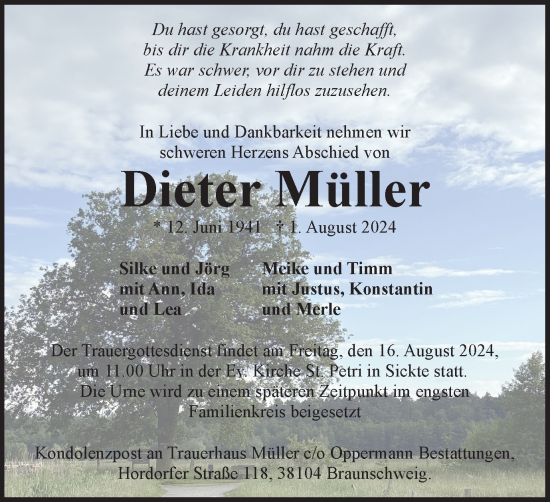 Traueranzeige von Dieter Müller von Braunschweiger Zeitung