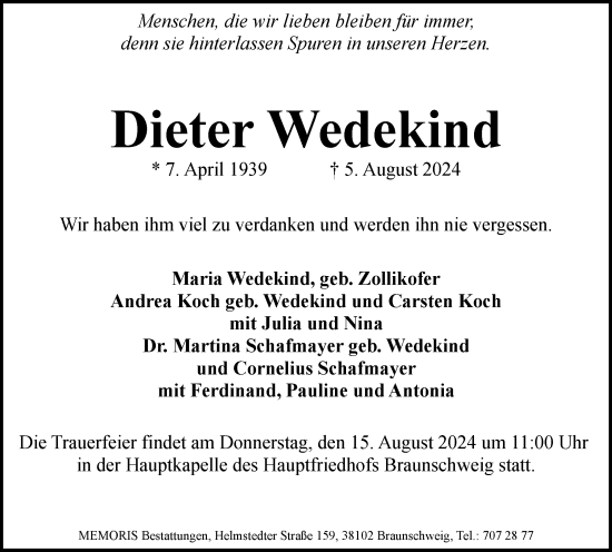 Traueranzeige von Dieter Wedekind von Braunschweiger Zeitung