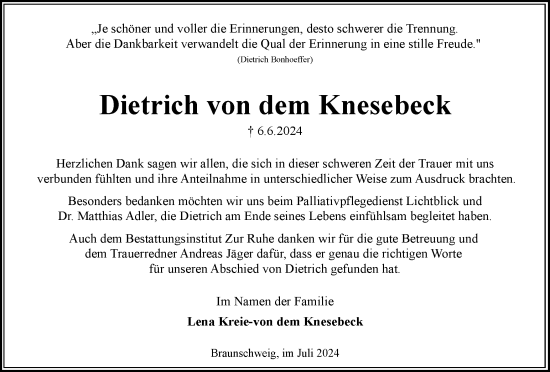 Traueranzeige von Dietrich von dem Knesebeck von Braunschweiger Zeitung