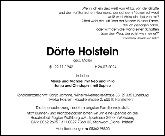 Traueranzeige von Dörte Holstein von Wolfsburger Nachrichten