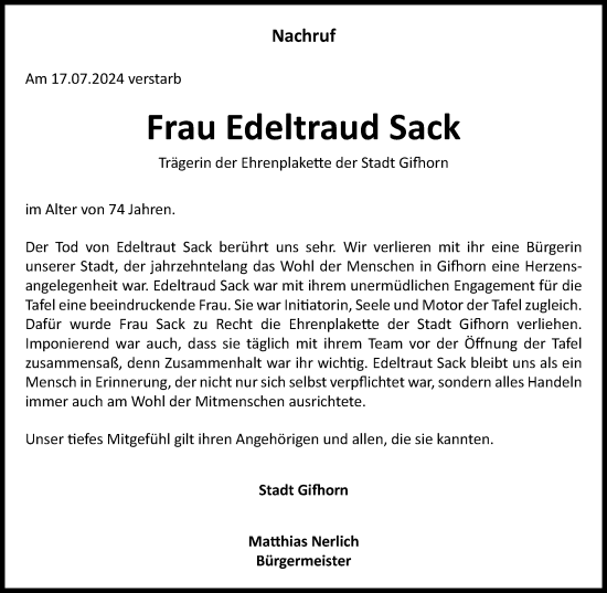 Traueranzeige von Edeltraud Sack von Wolfsburger Nachrichten