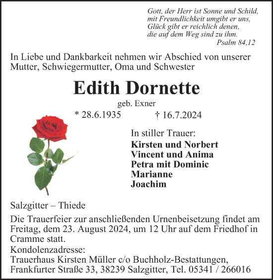Traueranzeige von Edith Dornette von Wolfenbütteler Zeitung