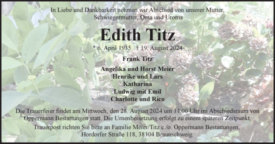 Traueranzeige von Edith Titz von Braunschweiger Zeitung