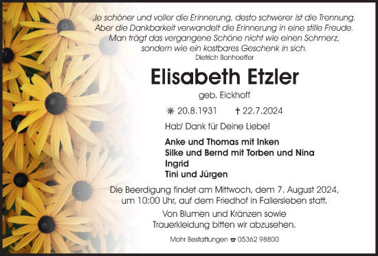 Traueranzeige von Elisabeth Etzler von Wolfsburger Nachrichten