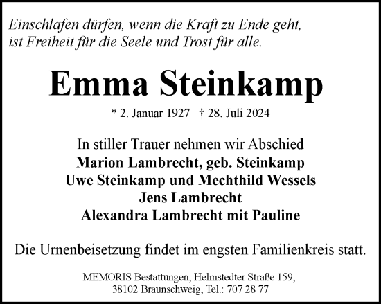 Traueranzeige von Emma Steinkamp von Braunschweiger Zeitung