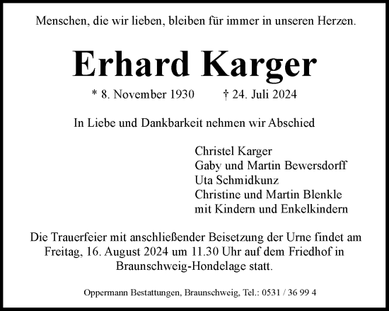 Traueranzeige von Erhard Karger von Braunschweiger Zeitung