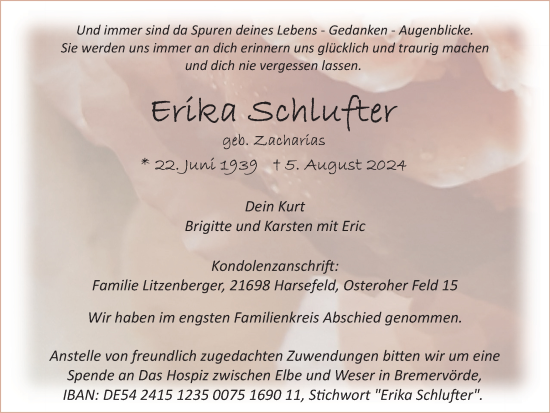 Traueranzeige von Erika Schlufter von Wolfsburger Nachrichten