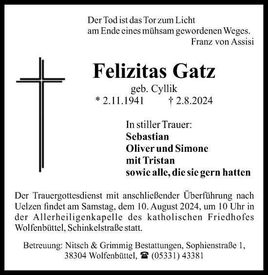 Traueranzeige von Felizitas Gatz von Wolfenbütteler Zeitung