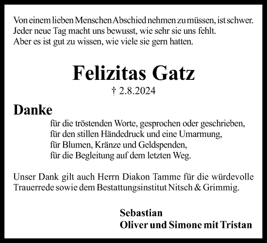 Traueranzeige von Felizitas Gatz von Wolfenbütteler Zeitung