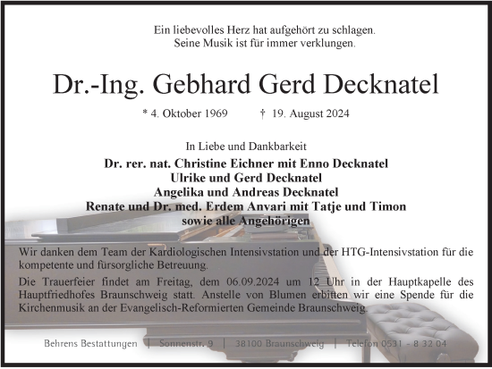 Traueranzeige von Gebhard Gerd Decknatel von Braunschweiger Zeitung