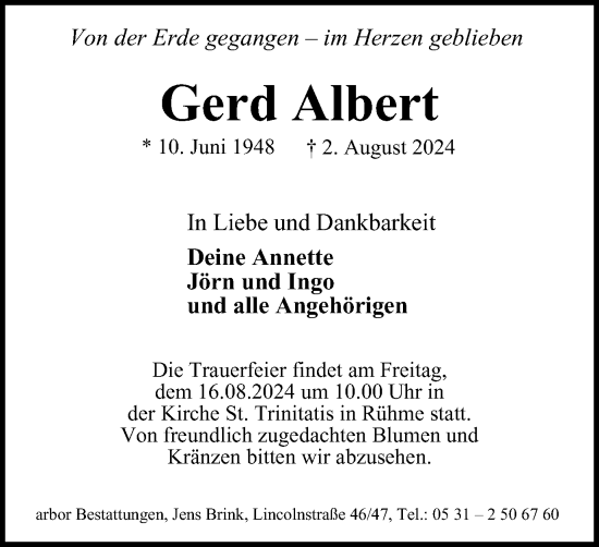 Traueranzeige von Gerd Albert von Braunschweiger Zeitung