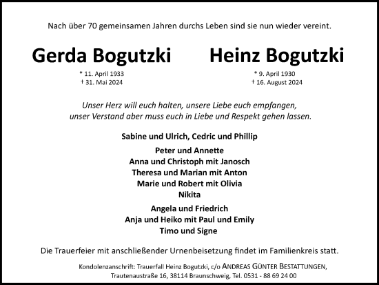 Traueranzeige von Gerda und Heinz Bogutzki von Braunschweiger Zeitung