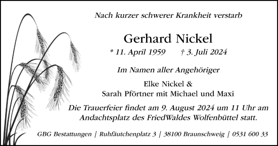 Traueranzeige von Gerhard Nickel von Braunschweiger Zeitung