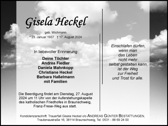 Traueranzeige von Gisela Heckel von Braunschweiger Zeitung