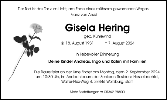 Traueranzeige von Gisela Hering von Wolfsburger Nachrichten