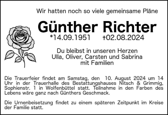 Traueranzeige von Günther Richter von Braunschweiger Zeitung