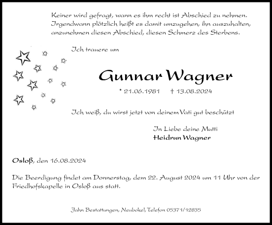 Traueranzeige von Gunnar Wagner von Wolfsburger Nachrichten