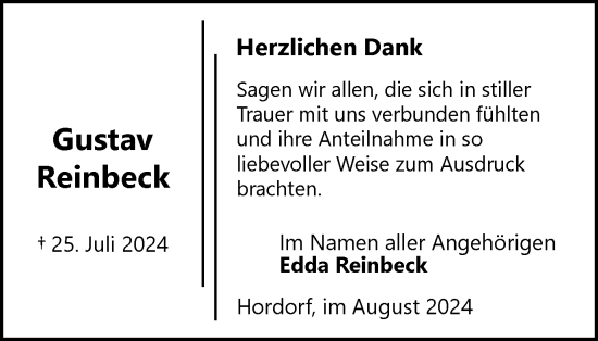 Traueranzeige von Gustav Reinbeck von Wolfenbütteler Zeitung